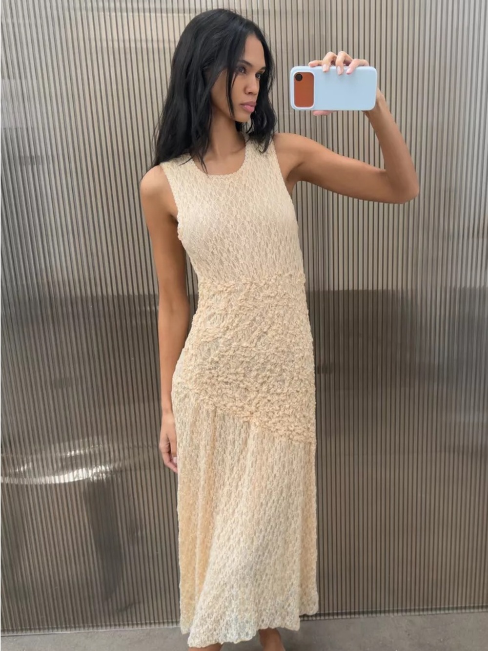 Zara Cream Sleeveless Textured Lace Maxi Dress (NWT)